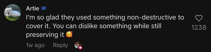 “I’m so glad they used something non-destructive to cover it. You can dislike something while still preserving it 🥰”
