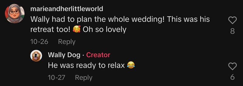 “Wally had to plan the whole wedding! This was his retreat too! 🥰,” @marieandherlittleworld pointed out. @wally.meets.world agreed, “He was ready to relax 😂.”