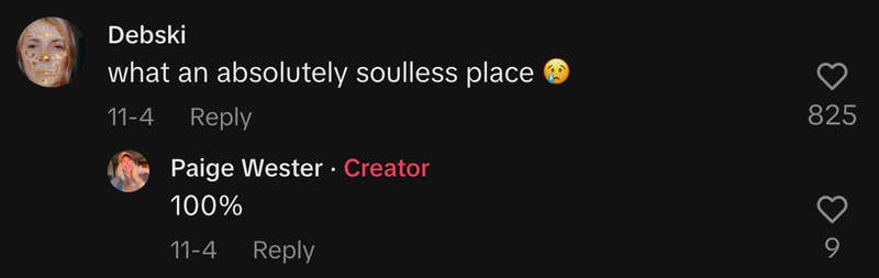 “What an absolutely soulless place 😢,” wrote @strawbz2. Wester, who now lives in the UK agreed and replied, “100%.”