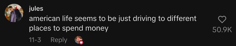 “American life seems to be just driving to different places to spend money.”