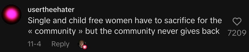 “Single and child free women have to sacrifice for the « community » but the community never gives back.”