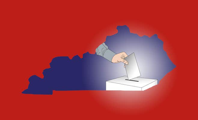 hand casting a vote in a ballot box, with a map of the State of Kentucky