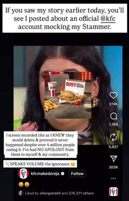 Screenshot of an Instagram Story showing Jessie's reaction to KFC's video, which she screen recorded. She says in the text overlay that KFC had yet to apologize and that the video "speaks volume" about their ignorance.