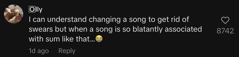 "I can understand changing a song to get rid of swears but when a song is so blatantly associated with sum like that…😭"