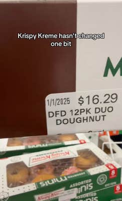 View of a Krispy Kreme donut box that seems to read a best-buy date of "1/1/2025."
