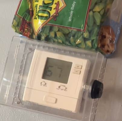 @flackoshahin/TikTok locked thermostat with frozen food on it at 67 degrees