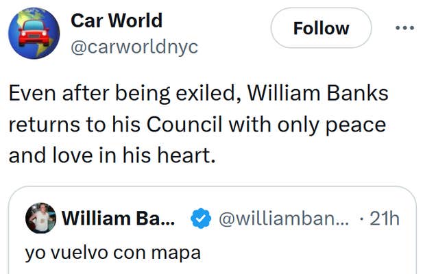 Tweet reading "Even after being exiled, William Banks returns to his Council with only peace and love in his heart."