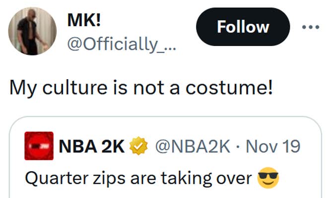 Tweet reading "My culture is not a costume!"