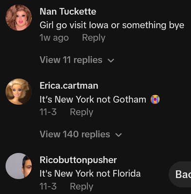 TikTok comments including one reading "Girl go visit Iowa or something bye"