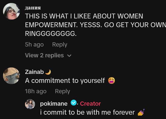 TikTok comments including one reading "THIS IS WHAT I LIKEE ABOUT WOMEN EMPOWERMENT. YESSS. GO GET YOUR OWN RINGGGGGGGG."