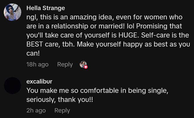 TikTok comments including one reading "ngl, this is an amazing idea, even for women who are in a relationship or married! lol Promising that you'll take care of yourself is HUGE. Self-care is the BEST care, tbh. Make yourself happy as best as you can!"