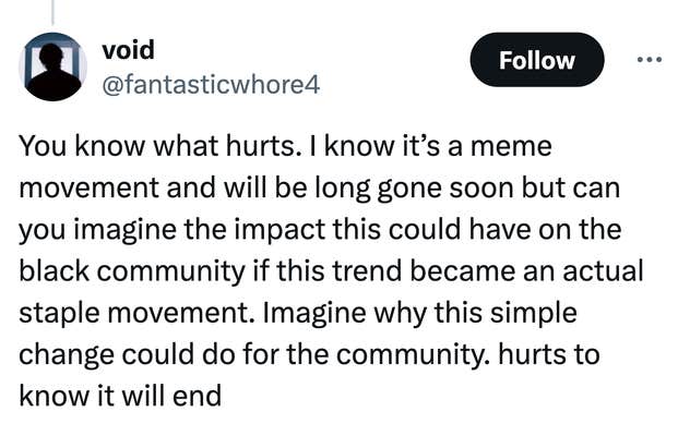 Tweet that reads, "You know what hurts. I know it’s a meme movement and will be long gone soon but can you imagine the impact this could have on the black community if this trend became an actual staple movement. Imagine why this simple change could do for the community. hurts to know it will end."