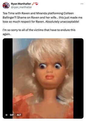 Tweet that reads, "Tea Time with Raven and Miranda platforming Colleen Ballinger?! Shame on Raven and her wife… this just made me lose so much respect for Raven. Absolutely unacceptable! 

I’m so sorry to all of the victims that have to endure this again."