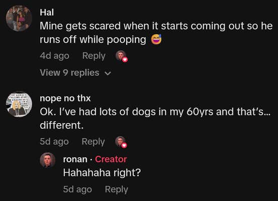 TikTok comments including one reading "Mine gets scared when it starts coming out so he runs off while pooping"