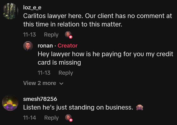 TikTok comments including one reading "Carlitos lawyer here. Our client has no comment at this time in relation to this matter."