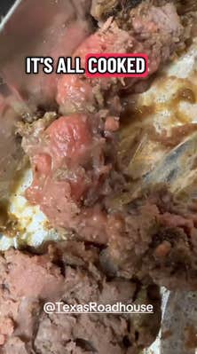 Unpleasant-looking cut of steak from Texas Roadhouse. Captions read, "It's all cooked."