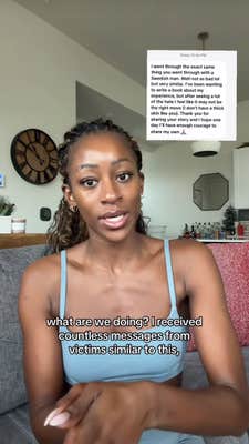 Onyeka sharing a message she received from a victim afraid to come forward because of victim blaming. Closed captions read, "What are we doing? I received countless messages from victims similar to this."