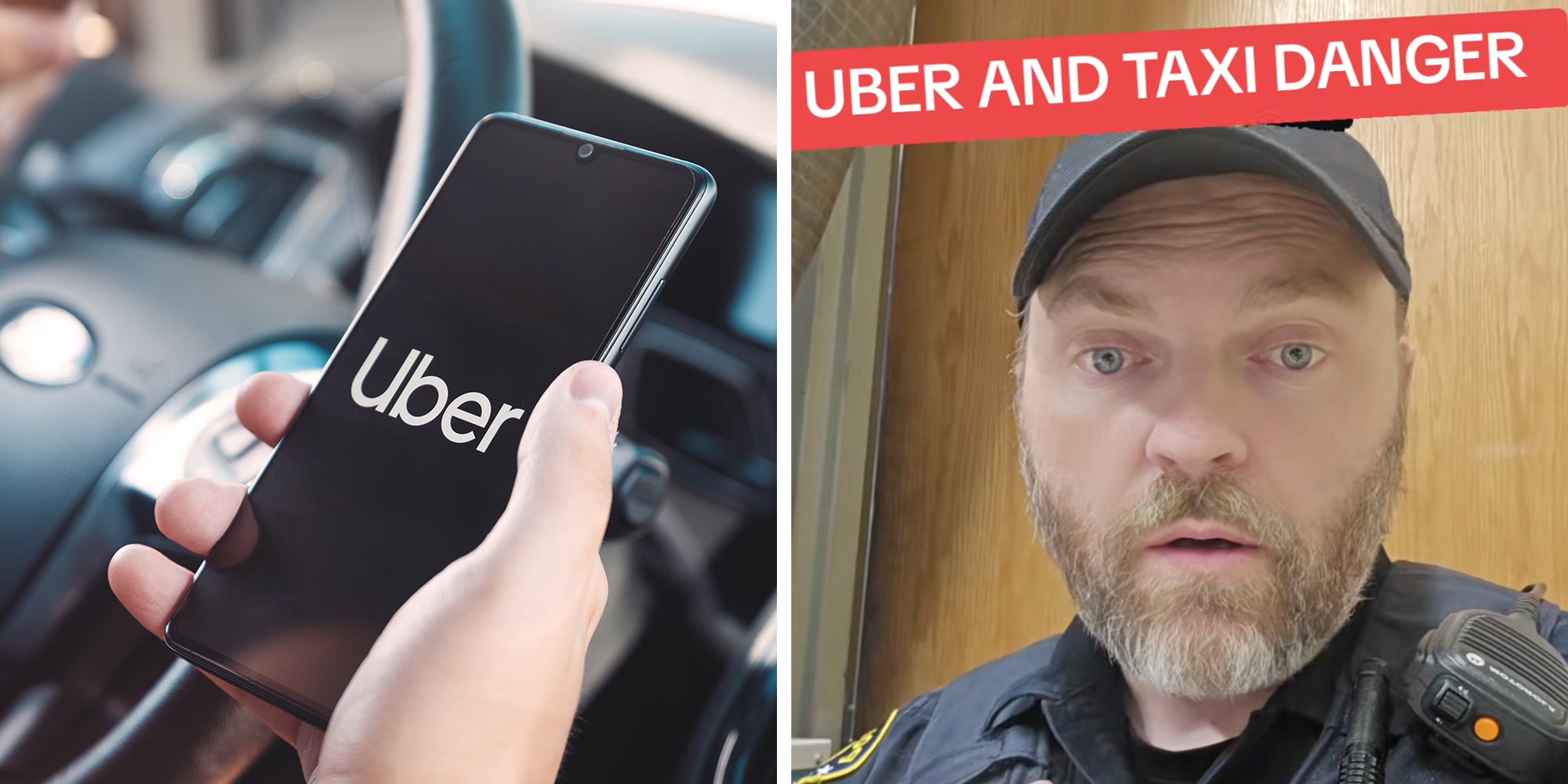 Left: Uber driver holding smartphone in car. Uber is sharing-economy service for ubran transport. Right: Police officer looking into camera under text reading, "Uber and taxi danger."