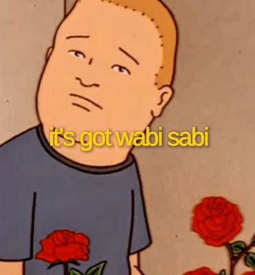 still from King of the Hill - Bobby Hill with his rose and text "it's got wabi-sabi."