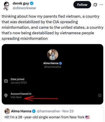 Tweet reading "thinking about how my parents fled vietnam, a country that was destabilized by the CIA spreading misinformation, and came to the united states, a country that's now being destabilized by vietnamese people spreading misinformation" over a screenshot of an account claiming to be in the U.S. but based in Vietnam.