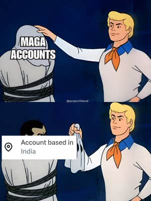 X location meme in the Scooby Doo villain reveal format.