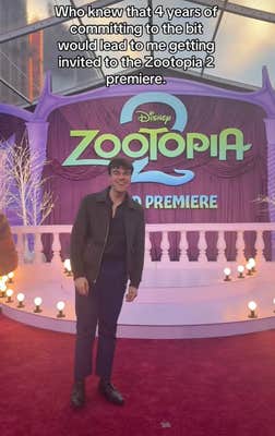 @niksalad/TikTok at the Zootopia 2 premiere with onscreen text: "Who knew that 4 years of committing to the bit would lead to me getting invited to the Zootopia 2 premiere."