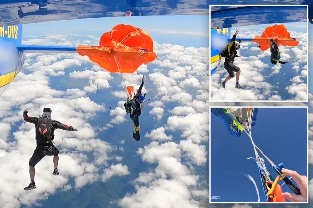 Heart-stopping moment skydiver’s parachute gets hooked on plane’s tail — leaving him dangling 15,000 feet in the air