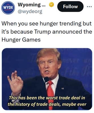 Tweet reading "When you see hunger trending but it's because Trump announced the Hunger Games"