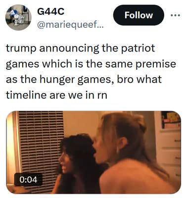Tweet reading "trump announcing the patriot games which is the same premise as the hunger games, bro what timeline are we in rn"