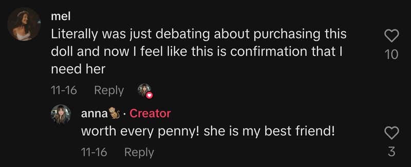 “Literally was just debating about purchasing this doll and now I feel like this is confirmation that I need her.”