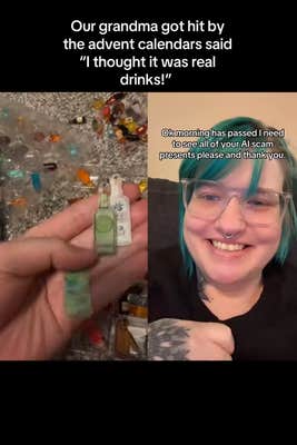 TikTok video showing someone holding up laminated images of alcohol bottles while a woman grins at the camera.