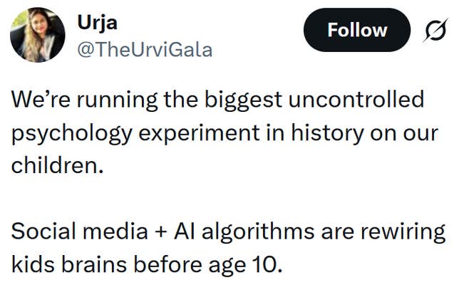 Tweet reading "We’re running the biggest uncontrolled psychology experiment in history on our children. Social media + AI algorithms are rewiring kids brains before age 10."