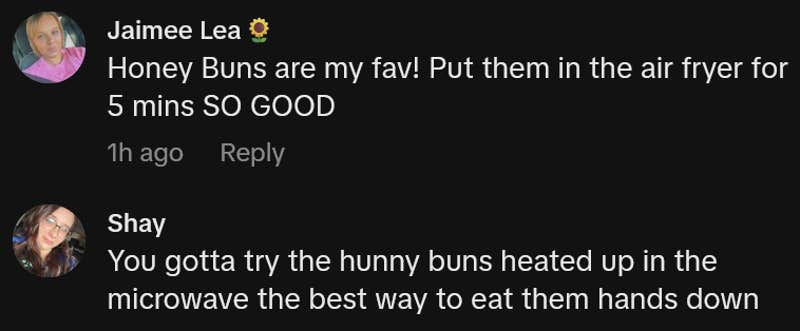 TikTok comments including one reading "Honey Buns are my fav! Put them in the air fryer for 5 mins SO GOOD"