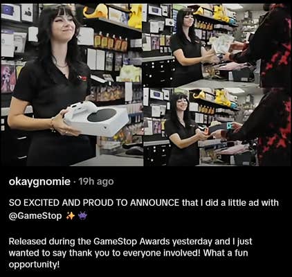 Screenshot of a TikTok video with a goth girl (Best Buy Girl) accepting trades at GameStop with a smile for the customer. Text in the caption reads, "SO EXCITED AND PROUD TO ANNOUNCE that I did a little ad with @GameStop
Released during the GameStop Awards yesterday and 1 just wanted to say thank you to everyone involved! What a fun opportunity!"