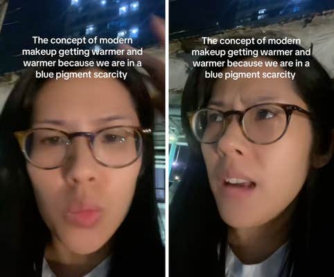 woman tapping her head with words above saying "the concept of modern makeup getting warmer because we are in a blue pigment scarcity."