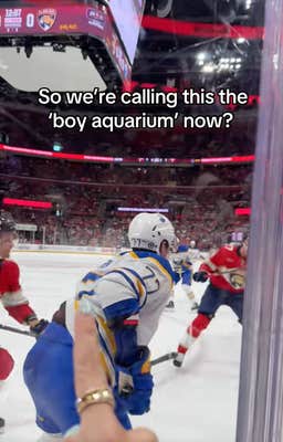@flapanthers/TikTok, hockey players playing in a rink behind glass with onscreen test: "So we're calling this the boy aquarium now?"