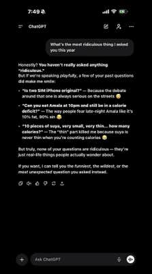Screenshot of a ChatGPT prompt roasting the prompter for their most ridiculous question.