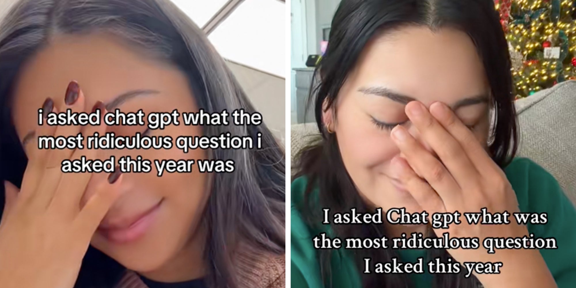 Woman looking ashamed with her head in her hands, text overlay reads, "I asked ChatGPT what the most ridiculous question I asked this year was."