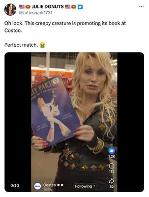 OP's tweet about Dolly Parton, with the video still showing the elderly star in a black leather jumpsuit with gold details holding up her new book.