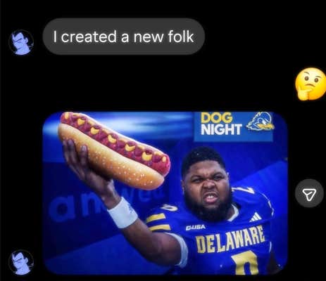 Screenshot of a message saying "I created a new folk" followed by an AI image of Druski as a Delaware Blue Hens player holding a big hot dog.