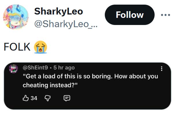 Tweet reading "FOLK" with a screenshot of a comment reading "'Get a load of this is so boring. How about you cheating instead?'"