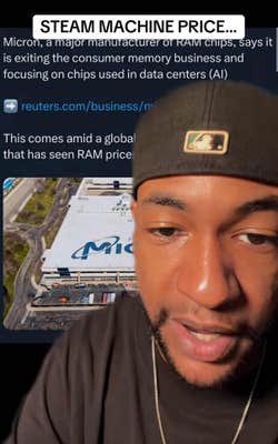 A man in a backwards baseball cap leaning toward the camera. On a green screen behind him is a tweet about Micron ending selling consumer RAM chips.