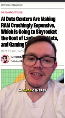 A man in large glasses and a white t-shirt green screened in front of an article about AI data centers making RAM overly expensive.