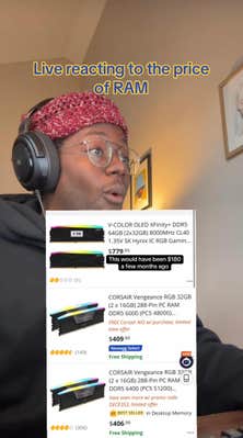 A man looking shocked as he sees the price of RAM, green screened over his video. Text overlay reads, "Live reacting to the price of RAM," and a listing priced at $779 that he notes would have been $180 a few months ago.