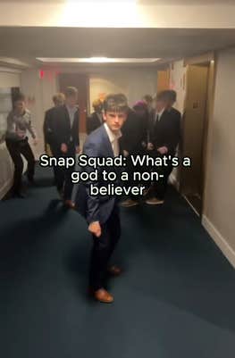 TikTok video of a group of young men doing the snap and step thing from Grease with a caption reading "Snap Squad: What's a god to a non-believer"