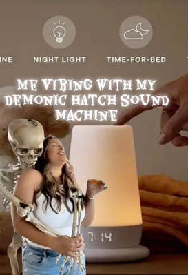 woman dancing with a skeleton drinking a martini "me vibing with my demonic hatch sound machine."