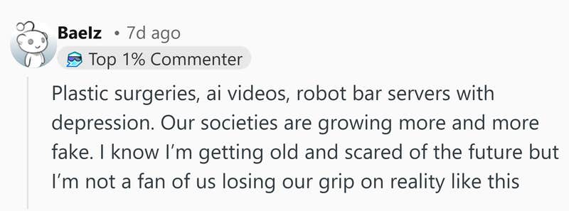 Reddit comment that reads, "Plastic surgeries, ai videos, robot bar servers with depression. Our societies are growing more and more fake. I know I&rsquo;m getting old and scared of the future but I&rsquo;m not a fan of us losing our grip on reality like this."