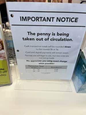 TikTok video showing a notice warning customers about the penny shortage and saying order totals will be rounded down to the nearest nickel.
