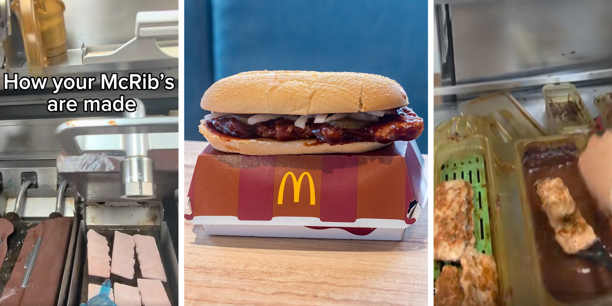 3 Panel: Left: McRib patties on a grill in a McDonald's, text overlay reads, "How your McRibs are made." Middle: McDonald's McRib sandwich sitting atop a McDonald's box in Kutaisi, Georgia location. Right: McDonald's McRib patties being dunked in BBQ sauce in a McDonald's restaurant.