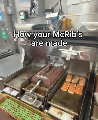 Six McRibs getting cooked on a McDonald's griddle. Text overlay reads, "How your McRib's are made."